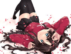  1girl arm_up black_hair black_skirt black_thighhighs blue_eyes breasts falling_petals fate/stay_night fate_(series) full_body hair_ornament highres long_hair long_sleeves looking_at_viewer lying miniskirt on_back petals red_shirt shirt simple_background skirt smile solo thighhighs thighs tohsaka_rin toutou_(fufu0o) twintails two_side_up white_background zettai_ryouiki 