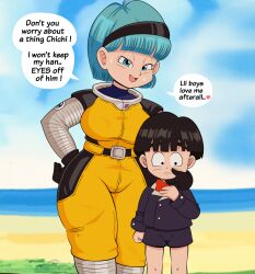  1girl age_difference blue_eyes bodysuit bow bowtie breasts bulma cloud day dragon_ball dragonball_z english_text green_hair height_difference highres large_breasts legs looking_at_viewer naughty_face ocean open_mouth outdoors pervymarioman short_hair shota sky smile son_gohan spacesuit speech_bubble standing thighs water  rating:Sensitive score:32 user:Ynyswydryn