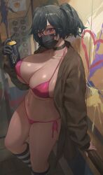  1girl absurdres bikini black_choker black_gloves black_hair breasts brown_coat choker cleavage coat collarbone commentary covered_mouth english_commentary free_style_(yohan1754) gloves highres kneehighs large_breasts long_sleeves looking_at_viewer mask mole mole_on_breast mouth_mask navel open_clothes open_coat original pink_bikini purple_eyes side-tie_bikini_bottom socks solo spray_can stomach striped_clothes striped_socks swimsuit thighs underboob  rating:Sensitive score:52 user:danbooru