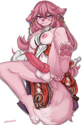  1girl animal_ears animal_feet animal_nose animal_penis barefoot body_fur breasts breasts_out clothing_aside commentary dog_penis dress dress_aside ear_piercing erection feet fox_ears furrification furry furry_female futanari futanari genshin_impact hair_between_eyes hand_on_own_ass hand_on_own_chest highres knotted_penis large_breasts long_hair looking_at_viewer lying navel nipples on_back penis piercing pink_fur pink_hair purple_eyes seraziel simple_background smile soles solo testicles toes uncensored white_background white_dress yae_miko  rating:Explicit score:242 user:danbooru