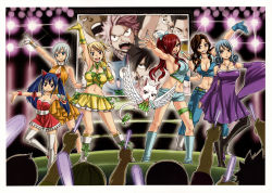 6+boys 6+girls :d absurdres armpits bare_shoulders belt black_hair blonde_hair blue_eyes blue_hair boots bow breasts brown_eyes brown_hair cana_alberona cat charle_(fairy_tail) cleaned cleavage crop_top denim dress elfman_strauss erza_scarlet fairy_tail fangs frills gajeel_redfox gloves glowstick gray_fullbuster grin hair_ornament happy_(fairy_tail) highres idol jeans jewelry juvia_lockser large_breasts lisanna_strauss long_hair lucy_heartfilia mashima_hiro microphone midriff monitor multiple_boys multiple_girls natsu_dragneel navel necklace no_bra official_art open_mouth pants pantyhose pink_hair ponytail red_eyes red_hair ribbon scan scar short_hair short_shorts shorts sideboob silver_hair skirt smile stage taut_clothes thighhighs twintails two_side_up wendy_marvell wings wristband rating:Sensitive score:69 user:danbooru