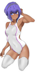 1girl absurdres blue_eyes blue_hair breasts competition_swimsuit dark_skin dark_skinned_female fate/grand_order fate_(series) full_body grey_swimsuit hairband hassan_of_serenity_(fate) highres kimuwaipu kneeling one-piece_swimsuit short_hair simple_background small_breasts solo swimsuit thighhighs two-tone_swimsuit white_background white_legwear 