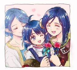  3girls ahoge blue_eyes blue_hair closed_mouth crescent crescent_hair_ornament earrings flower hair_ornament jewelry long_hair mother_and_daughter multiple_girls one_eye_closed open_mouth pointy_ears rena_lanford rhima_(star_ocean) short_hair smile star_ocean star_ocean_the_second_story westa_(star_ocean) 