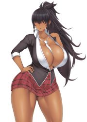  1girl absurdres between_breasts black_jacket black_lips black_panties blazer breasts center_opening collared_shirt commission dark-skinned_female dark_skin depp3 dress_shirt faceless faceless_female female_focus gluteal_fold gyaru hair_over_eyes hand_on_own_hip highres huge_breasts jacket lipstick long_hair long_sleeves looking_to_the_side makeup miniskirt mole mole_under_mouth necktie necktie_between_breasts open_clothes open_mouth open_shirt original panties plaid plaid_skirt pleated_skirt ponytail red_skirt school_uniform shirt sidelocks skirt sleeves_rolled_up solo tan thick_thighs thighs underwear very_long_hair white_necktie white_shirt  rating:Questionable score:89 user:danbooru