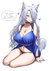  1girl animal_ear_fluff animal_ear_piercing animal_ears aqua_nails arknights babydoll bare_shoulders black_choker black_panties blue_babydoll breasts cat_ears cat_girl cat_tail choker cleavage english_text fangs_(fangs_art) fingernails finnish_text full_body grey_hair grey_tail hair_over_one_eye heart highres huge_breasts jewelry long_hair looking_at_viewer nail_polish navel necklace one_eye_covered panties santalla_(arknights) sharp_fingernails simple_background sitting smile solo speech_bubble tail translation_request underwear white_background yellow_eyes yokozuwari 