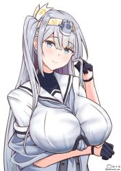 1girl alternate_breast_size arm_under_breasts breasts dated fuyutsuki_(kancolle) grey_eyes hachimaki headband headgear highres kantai_collection large_breasts long_hair looking_at_viewer shiromaru_(maniado) shirt side_ponytail signature simple_background smile solo upper_body very_long_hair white_shirt 