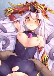10s 1girl arm_up blush breasts breasts_out commentary_request covered_navel gauntlets granblue_fantasy hat hetero implied_sex long_hair looking_at_viewer lying medium_breasts medusa_(shingeki_no_bahamut) nipples on_back pov pov_hands revision shingeki_no_bahamut solo_focus spread_legs tears torn_clothes torso_grab waero yellow_eyes rating:Explicit score:45 user:danbooru