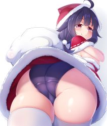 1girl absurdres ahoge ass ass_focus bare_arms black_panties blush breasts capelet christmas commentary_request cowboy_shot from_behind from_below fur_trim hair_ornament hairband hat highres kantai_collection kurokoshou_(emuburemu123) large_breasts long_hair looking_at_viewer low_twintails panties purple_hair red_capelet red_eyes red_headwear ryuuhou_(kancolle) ryuuhou_kai_ni_(kancolle) sack santa_costume santa_hat skindentation smile solo taigei_(kancolle) thick_thighs thigh_gap thighhighs thighs twintails underwear white_thighhighs rating:Sensitive score:153 user:danbooru