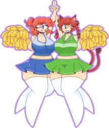  2girls ;d absurdres alternate_costume arm_up blue_shirt blue_skirt braid breasts cheerleader cleavage collarbone commentary commission fang full_body green_shirt green_skirt hair_bobbles hair_ornament highres index_finger_raised kaenbyou_rin large_breasts looking_at_viewer mccum69 mole mole_under_eye multiple_girls navel one_eye_closed onozuka_komachi open_mouth pom_pom_(cheerleading) red_eyes red_hair shirt side_braids skin_fang skirt smile thighhighs touhou transparent_background twin_braids two_side_up white_thighhighs 