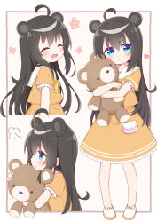  1girl :d :t ^_^ absurdres ahoge animal_ears ayanepuna bear_ears black_hair blue_eyes blush brown_shirt brown_skirt closed_eyes closed_mouth collarbone commentary_request commission fang frilled_skirt frills hair_between_eyes heart highres hugging_object long_hair multiple_views open_mouth original pout puffy_short_sleeves puffy_sleeves sailor_collar shirt shoes short_sleeves skeb_commission skirt smile standing stuffed_animal stuffed_toy teddy_bear very_long_hair white_footwear white_sailor_collar 