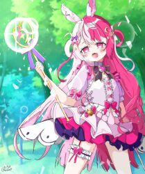  1girl absurdres animal_ears harukissed highres holding holding_wand idol_corp lalabell_lullaby magic_circle magical_girl multicolored_hair open_mouth pink_eyes pink_hair rabbit_ears ribbon wand 