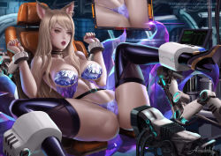  1girl ahri_(league_of_legends) alexander_dinh animal_ears bdsm blonde_hair bondage bound breasts choker cleavage crystal earrings eyeshadow fox_ears fox_tail heart high_heels highres idol jewelry k/da_(league_of_legends) k/da_ahri large_breasts league_of_legends leg_up lipstick long_hair machine makeup open_mouth restrained signature spread_legs tail thighhighs yellow_eyes  rating:Explicit score:107 user:Aschrananas