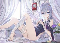 1girl ass bandaged_arm bandaged_leg bandages barefoot bed blood blood_bag blue_eyes blush closed_mouth clothing_cutout collarbone curtains dress flower flower_pot girls&#039;_frontline hospital_bed indoors intravenous_drip long_hair lying on_back ribeyrolles_(girls&#039;_frontline) shoulder_cutout side_cutout silver_hair solo verslll wavy_hair window rating:Sensitive score:13 user:danbooru