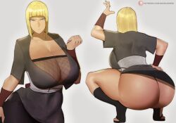  1girl absurdres armband ass blonde_hair blue_eyes breasts cleavage doublehero dress eyebrows fishnets grey_dress highres huge_ass huge_breasts naruto_(series) samui_(naruto) short_hair sideboob thick_thighs thighs  rating:Questionable score:45 user:korra55