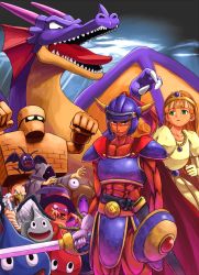  1boy 1girl :d abs armor bat_(animal) beads belt bird black_eyes blunt_bangs breastplate chimaera_(dragon_quest) chunsoft circlet claws clenched_hand clenched_hands cloak cloud dragon dragon_lord dragon_quest dragon_quest_i dragonlord dracky dress drohl_drone drollmagi fake_horns faulds fins flying fur gem ghost ghost_(dq) ghost_(dragon_quest) gloves glowing glowing_eyes golem golem_(dq) golem_(dragon_quest) green_eyes hat head_fins helmet hero_(dq1) hood horned_helmet horns jewelry light_rays long_hair looking_at_viewer magician_(dq) prestidigitator_(dragon_quest) metal_slime monster muscular necklace neko_(hansinn) open_mouth orange_hair outstretched_arms parted_bangs pauldrons princess princess_laura purple_eyes red_slime_(dragon_quest) ryuuou sheath shield shoulder_armor size_difference skin_tight sky slime_(creature) slime_(dragon_quest) she-slime smile square_enix standing sunbeam sunlight sword teeth tongue weapon witch_hat wizard wyvern wyvern_(dq) yellow_dress yellow_eyes 