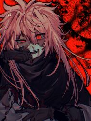 1boy black_capelet black_gloves blood blood_on_clothes blood_on_face capelet chromatic_aberration fangs gloves grey_shirt hair_between_eyes hair_intakes haoxiangshuijuea10323 highres long_sleeves looking_at_viewer male_focus nijou_ryuu open_mouth patchwork_skin pink_hair red_background red_eyes saibou_shinkyoku shirt short_hair_with_long_locks smile solo torn_capelet torn_clothes uneven_eyes upper_body 
