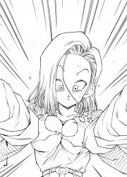  1girl android_18 blush grabbing_another&#039;s_breast dragon_ball dragonball_z grabbing highres male_hand monochrome speed_lines  rating:Questionable score:54 user:Xalrun