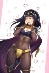  1girl bad_id bad_pixiv_id breasts cape cleavage covered_navel closed_eyes eyeshadow fire_emblem fire_emblem_awakening hands_on_own_cheeks hands_on_own_face happy heart makeup nail_polish nintendo ochrejelly open_mouth pelvic_curtain smile solo stomach tharja_(fire_emblem) tiara  rating:Sensitive score:44 user:danbooru