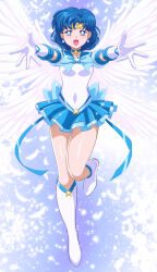  1girl :d back_bow bishoujo_senshi_sailor_moon blue_bow blue_choker blue_eyes blue_hair blue_ribbon blue_sailor_collar blue_skirt boots bow breasts choker circlet covered_navel earrings elbow_gloves feathered_wings gloves highres jewelry knee_boots layered_skirt legs_up looking_at_viewer medium_hair miniskirt mizuno_ami multiple_wings open_mouth outstretched_arms pirochi pleated_skirt reaching reaching_towards_viewer ribbon sailor_collar sailor_mercury sailor_senshi_uniform sailor_shirt see-through see-through_sleeves shirt short_sleeves skirt small_breasts smile solo star_(symbol) star_choker white_footwear white_gloves white_shirt white_wings wings 