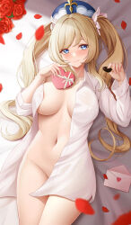 1girl absurdres alternate_breast_size alternate_costume arayuki_(sakurafubuki) areola_slip barbara_(genshin_impact) bed_sheet blonde_hair blue_eyes blush box breasts candy chocolate chocolate_heart closed_mouth dress_shirt drill_hair envelope falling_petals fingernails flower food genshin_impact gift groin hands_up hat heart heart-shaped_box highres holding holding_box holding_chocolate holding_food holding_gift large_breasts long_hair long_sleeves looking_at_viewer lying mini_hat naked_shirt on_back open_clothes open_shirt petals red_flower red_rose ringlets rose rose_petals shirt solo thighs twin_drills twintails valentine white_shirt rating:Questionable score:68 user:danbooru