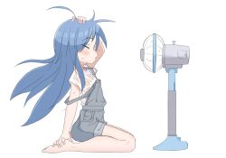  1girl absurdres ahoge bare_legs barefoot blue_hair blue_overalls blush breasts closed_eyes denim denim_apron denim_shorts electric_fan eyes_visible_through_hair fan female_focus floating_hair flying_sweatdrops full_body hand_in_own_hair hand_on_own_foot hand_up highres izumi_konata long_eyelashes long_hair lucky_star messy_hair off_shoulder open_mouth outstretched_arm overall_shorts overalls pants pants_rolled_up parted_lips profile see-through shirt short_sleeves shorts shoulder_strap simple_background sitting small_breasts solo strap_slip sweat thick_eyebrows very_long_hair wariza wet wet_clothes wet_shirt white_background white_shirt zlix0n  rating:Sensitive score:115 user:danbooru