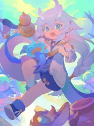  1girl artist_name bailu_(honkai:_star_rail) blue_eyes blue_footwear braid bubble clenched_hand crossed_bangs crying crying_with_eyes_open detached_sleeves dogebot dragon_girl dragon_tail dress floating floating_object flying_sweatdrops full_body fur-tipped_tail highres honkai:_star_rail honkai_(series) horns jug_(bottle) long_hair looking_at_viewer low-braided_long_hair low-tied_long_hair open_mouth outdoors purple_hair purple_horns scales signature single_braid solo tail tail_ornament tassel tears white_dress 