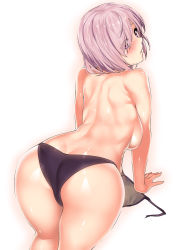 1girl ass back bikini blush breasts fate/grand_order fate_(series) hair_over_one_eye highres kawai_(purplrpouni) large_breasts light_purple_hair looking_at_viewer looking_back mash_kyrielight purple_bikini purple_eyes simple_background solo swimsuit thighs topless white_background rating:Questionable score:33 user:danbooru