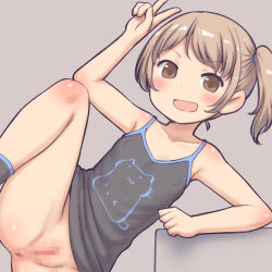 1girl :d aaaa_(quad-a) anus bad_id bad_pixiv_id blush brown_background brown_eyes brown_hair censored collarbone covered_erect_nipples highres loli looking_at_viewer mosaic_censoring navel no_panties open_mouth original pussy short_hair side_ponytail simple_background smile socks solo v rating:Explicit score:100 user:danbooru