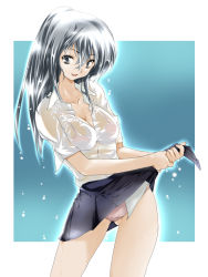 1girl alric bra breasts cleavage clothes_lift female_focus grey_eyes lingerie original panties see-through silver_hair simple_background skirt skirt_lift solo underwear upskirt wet wet_clothes wringing_clothes rating:Questionable score:10 user:danbooru