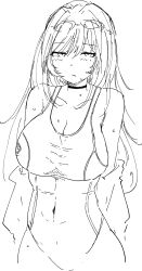  1girl absurdres bare_shoulders blush breasts choker cleavage collarbone covered_navel goddess_of_victory:_nikke goggles goggles_on_head greyscale highres large_breasts long_hair monochrome official_alternate_costume one-piece_swimsuit pinetea pout rapi_(classic_vacation)_(nikke) rapi_(nikke) sketch solo swimsuit very_long_hair wet wide_hips 