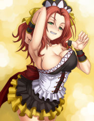  1girl areola_slip arm_up armpits bare_shoulders bracelet breasts cleavage green_eyes grin highres jewelry kouryuuji_mii large_breasts looking_at_viewer project_x_zone puffy_nipples red_hair skirt smile solo syunzou  rating:Questionable score:137 user:danbooru