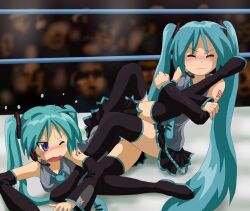  angry blue_hair blush cosplay fighting hatsune_miku hatsune_miku_(cosplay) hiiragi_kagami hirondo leg_hold lucky_star one_eye_closed rope skirt submission_hold thighhighs thighs vocaloid wrestling wrestling_ring 