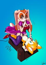  :o absurdres animal_ears blush clothes_lift dress dress_lift fox fox_ears fox_tail furry gloves highres lecerf tails_(sonic) mature_female open_mouth shoes snout sonic_(series) tail tails_(sonic) thighhighs vanilla_the_rabbit white_gloves yellow_fur  rating:Questionable score:23 user:Skloudz