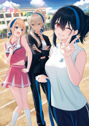  3girls :d bare_arms bare_shoulders black_hair black_jacket black_pants blonde_hair blue_eyes blue_hairband blue_shorts blue_sky breasts building cheerleader cleavage clenched_teeth cloud crossed_arms day feet_out_of_frame grey_eyes grin hair_between_eyes hair_ornament hair_over_shoulder hairband hairclip highres hyuuga_azuri jacket light_brown_hair long_hair looking_at_viewer medium_breasts multiple_girls navel one_eye_closed open_clothes open_jacket open_mouth original ouendan outdoors pants pennant pink_shirt pink_skirt pleated_skirt ponytail red_eyes shirt shorts silhouette skirt sky sleeveless sleeveless_shirt smile socks standing string_of_flags sweat teeth v white_shirt white_socks window 