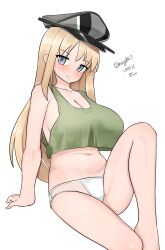 1girl absurdres bismarck_(kancolle) blonde_hair breasts cleavage crop_top dated feet_out_of_frame green_tank_top grey_eyes grey_hat hat highres invisible_chair kantai_collection large_breasts long_hair maru_(marg0613) one-hour_drawing_challenge panties peaked_cap simple_background sitting solo tank_top twitter_username underwear white_background white_panties 