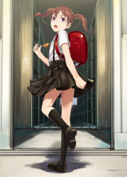  1girl :o backpack bag black_socks blush brown_hair crime_prevention_buzzer flat_chest highres kneehighs leg_up loafers looking_at_viewer looking_back open_mouth original purple_eyes randoseru school_uniform shoes short_twintails skirt socks sody solo standing standing_on_one_leg twintails  rating:Sensitive score:57 user:danbooru