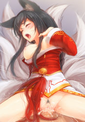 1boy 1girl ahri_(league_of_legends) animal_ears bell black_hair blush braid breasts breasts_apart breasts_out closed_eyes clothed_female_nude_male clothed_sex cowgirl_position cum cum_in_pussy cum_overflow dress drooling facial_mark fang female_pubic_hair fox_ears fox_tail fucked_silly girl_on_top hetero highres interspecies league_of_legends long_hair medium_breasts moaning motion_lines multiple_tails nipples no_bra nude open_mouth orgasm penis pov pubic_hair pussy ricegnat saliva sex shiny_skin solo_focus spread_legs straddling strapless strapless_dress sweat tail tears thighs tongue tongue_out trembling uncensored vaginal whisker_markings rating:Explicit score:508 user:danbooru