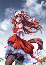  1girl animal_ears arms_behind_back blurry blurry_foreground breasts brown_hair chrono_(himadon) cloud commentary_request grass hair_between_eyes hair_ornament highres horse_ears horse_girl horse_tail looking_at_viewer open_mouth red_eyes ribbon sky small_breasts solo still_in_love_(umamusume) tail thighhighs umamusume veil 