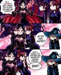  4girls blush breasts cape cleavage commentary english_commentary english_text fangs fangs_out finger_to_mouth girl_sandwich grs- harem hat heart highres kiss kissing_cheek medium_breasts multiple_girls original pointy_ears sandwiched shushing sparkle speech_bubble vampire witch witch_hat yuri 