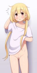 1girl arm_behind_head blonde_hair blush bottomless cleft_of_venus female_focus futaba_anzu gunshou hand_under_clothes hand_up highres idolmaster idolmaster_cinderella_girls loli long_hair looking_at_viewer low_twintails open_mouth pussy red_eyes shirt solo standing sweat third-party_edit twintails uncensored rating:Explicit score:109 user:sytalidis