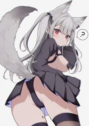  1girl ? animal_ear_fluff animal_ear_piercing animal_ears ass black_panties black_ribbon black_skirt black_thighhighs breasts commentary cowboy_shot cross_hair_ornament ear_piercing extra_ears fox_ears fox_girl fox_tail from_behind grey_background grey_hair hair_ornament hair_ribbon highres indie_virtual_youtuber large_breasts light_blush long_hair looking_at_viewer miniskirt netsuki_cross panties pasties piercing pleated_skirt red_eyes ribbon rikotan skirt sleeves_past_fingers sleeves_past_wrists solo spoken_question_mark tail thighhighs two_side_up underwear virtual_youtuber x_hair_ornament 