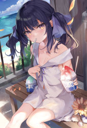 1girl blush commentary_request cup day dress feet_out_of_frame flower hair_ribbon highres holding holding_cup kedama_milk long_hair looking_at_viewer mole mole_under_eye neck_ribbon ocean on_bench original purple_hair ribbon sailor_collar seashell shell short_dress sidelocks sitting solo sunflower sweat twitter_username utensil_in_mouth white_dress white_sailor_collar yellow_eyes yellow_flower rating:Sensitive score:51 user:danbooru
