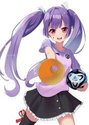  1girl :d ball black_thighhighs facepaint highres indie_virtual_youtuber japanese_flag open_mouth purple_eyes purple_hair seo_ritsu simple_background single_thighhigh skirt smile soccer_ball solo taachika teeth thighhighs twintails virtual_youtuber white_background 