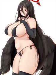  1girl bikini black_bikini black_gloves black_hair black_thighhighs black_wings blue_archive blush breasts elbow_gloves feathered_wings gloves hair_between_eyes halo hands_on_own_chest hasumi_(blue_archive) huge_breasts large_breasts long_hair low_wings mole mole_under_eye navel plump red_eyes shinonon_(iso_shino) side-tie_bikini_bottom sideboob solo standing swimsuit thick_thighs thighhighs thighs very_long_hair white_background wings 