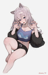  1girl absurdres animal_ears animal_print bare_shoulders barefoot black_jacket black_shorts blue_eyes blue_nails blue_tank_top blush breasts cat_ears claw_pose cleavage commentary_request commission fingernails fish_print fur-trimmed_jacket fur_trim grey_hair hair_between_eyes highres jacket kemonomimi_mode knee_up large_breasts long_hair looking_at_viewer midriff nail_polish navel off_shoulder open_mouth original pixiv_commission print_tank_top sanyu_(ry_thae) shorts simple_background solo sooon tank_top thighs toes whale_print white_background 