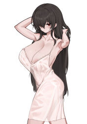  1girl adjusting_hair armpits black_hair breasts chemise cleavage closed_mouth collarbone hair_over_one_eye highres large_breasts long_hair looking_at_viewer original red_eyes sidelocks solo suitshark sweat upper_body wet wet_clothes white_background white_chemise 