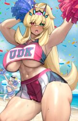  2girls abs absurdres arms_up bare_shoulders barghest_(fate) beach biceps blonde_hair blue_sky breasts cheerleader cleavage confetti crop_top crop_top_overhang fate/grand_order fate_(series) green_eyes heterochromia highres horns large_breasts long_hair looking_at_viewer melusine_(fate) midriff miniskirt multiple_girls muscular muscular_female navel pom_pom_(cheerleading) ponytail raskasar red_eyes shore skirt sky thick_thighs thighs white_hair yellow_eyes 