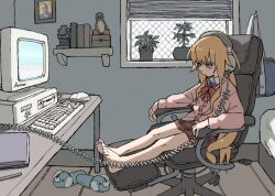  1girl :/ ahoge bag barefoot bed bird blonde_hair blue_shirt book bow bowtie cardigan chair closed_mouth collared_shirt commentary commission computer crt desk dog_slippers english_commentary feet framed_image full_body gabriel_dropout gabriel_tenma_white hair_between_eyes headphones highres indoors keyboard_(computer) linux long_hair long_sleeves looking_at_screen looking_at_viewer looking_to_the_side miniskirt mitsubishi mitsubishi_electric monitor mouse_(computer) notebook office_chair pantsu-ripper pen penguin photo_inset pink_cardigan plaid plaid_skirt plant polo_shirt potted_plant purple_eyes qr_code real_life red_bow red_bowtie red_skirt school_bag school_uniform shelf shirt sidelocks sitting skirt slippers smile solo swivel_chair terry_a_davis toes tux very_long_hair white_shirt window window_blinds wing_collar wooden_floor 