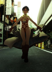 1girl akizuki_ritsuko antenna_hair bdsm between_breasts bicycle bondage boots bound breasts brown_eyes brown_hair building coat crotch_rope day exhibitionism facing_viewer female_pubic_hair full_body glasses gloves highres idolmaster idolmaster_(classic) jacket looking_at_viewer medium_breasts mixed_media navel nipples nude open_clothes open_jacket open_mouth outdoors outstretched_arms photo_(medium) photo_background plant potted_plant pubic_hair pubic_hair_peek public_indecency pussy red_rope road rope scarf shibari short_hair solo spanish_flag spread_arms standing street takemura_sessyu thigh_gap traffic_cone undressing winter_clothes rating:Explicit score:163 user:danbooru