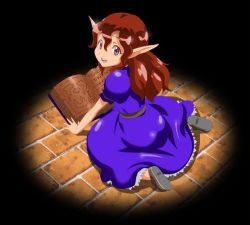  1girl book brick_floor brown_eyes brown_hair commentary_request dress full_body nishikawa_takashi open_mouth pointy_ears puffy_short_sleeves puffy_sleeves purple_dress sega shining_(series) shining_force_i short_sleeves simone_(shining_force) sitting smile solo wariza 